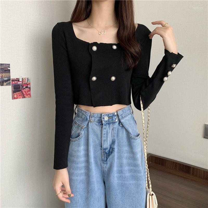 

Women's Sweaters French Style Collar Double Breasted Sweater Long Sleeve Bottoming Shirt Nuyoah, Black