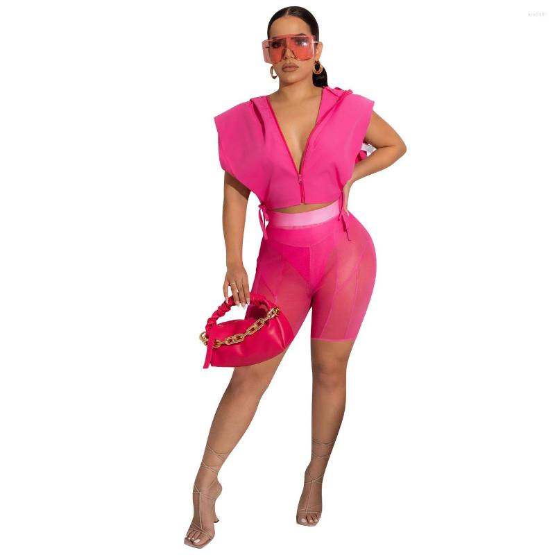 

Women' Tracksuits Fashion Solid Color Zipper Sweater Mesh Pants Summer Two-piece Set, Black