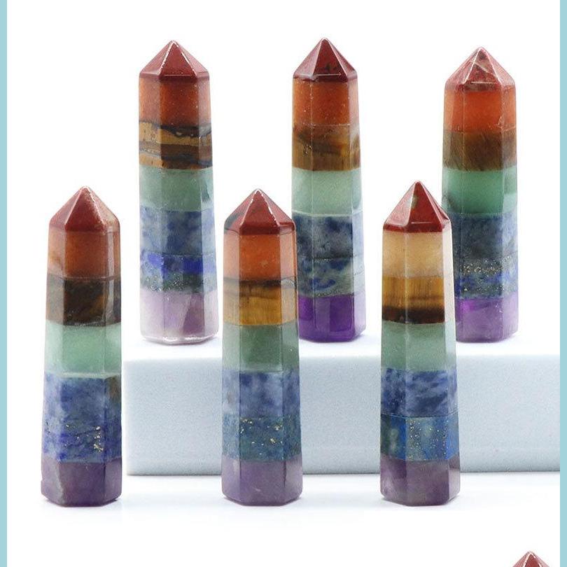 

Stone 7 Chakra Hexagonal Column Natural Crystal Stone Mosaic 13X48Mm Craft Gift Yoga Hand Play Odornment Decoration Drop Delivery 202 Dhl0S
