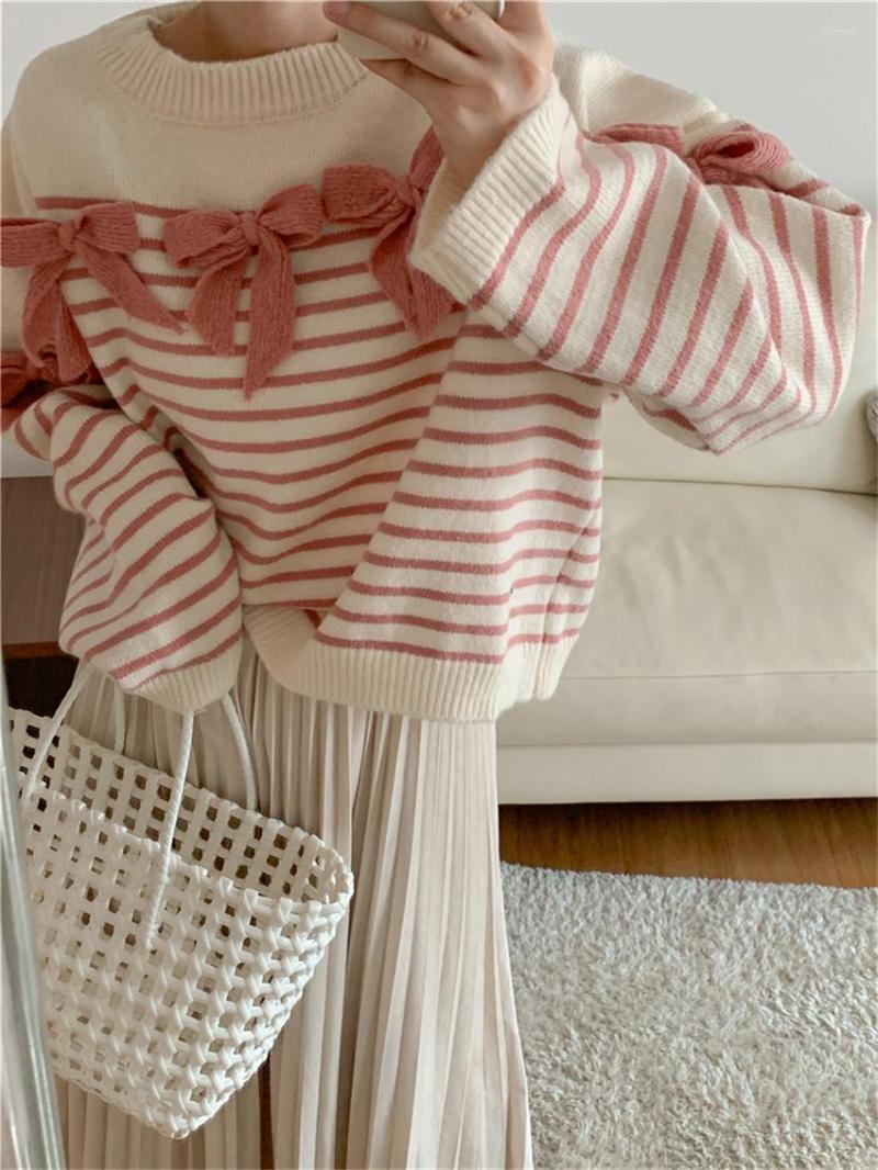 

Women's Sweaters Long Sleeve Stylish Bow Pullovers Women Knitted Stripes 2022 Autumn Office Lady Streetwear OL Loose Chic, Pink jumper
