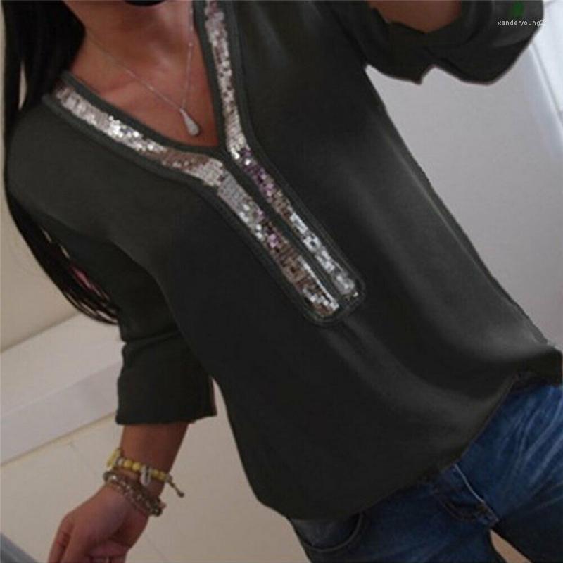 

Women's Blouses Fashion Women Blouse Summer Sexy V Neck Long Sleeve Womens Tops And Plus Size Ladies Sequin Shirt Top, As photo shows