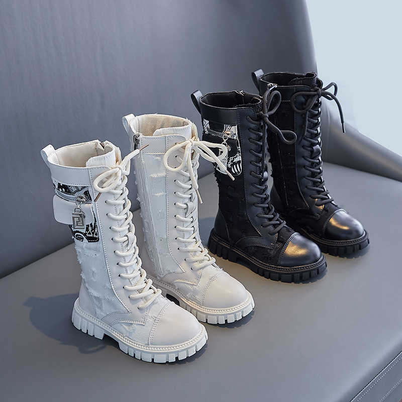 

Boots Autumn Girls Fashion High Children's Chain Waterproof Flat Heels Kids Soft Sole Princess Leather Shoes H150 L221011, Black