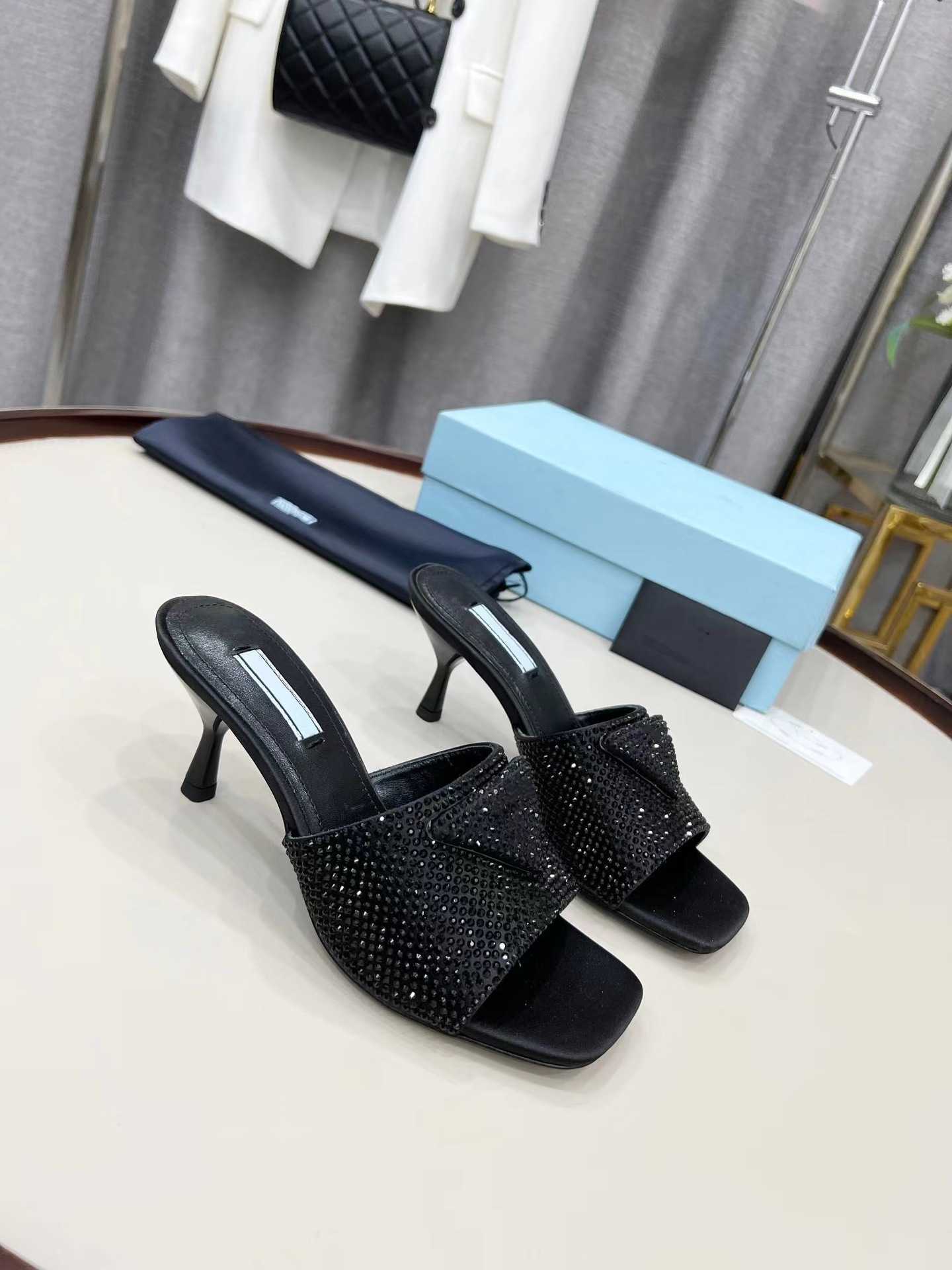 

Casual Shoes 22 early spring new p house Rhinestone fine heel high-heeled slippers women's open toe, Rhinestone high heel black