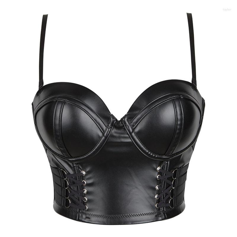 

Camisoles & Tanks Women Corset Sexy Black PU Leather Bustier Crop Top Fashion Lady Camisole Lingerie Bra Clubwear Summer Low-cut Slim Tank