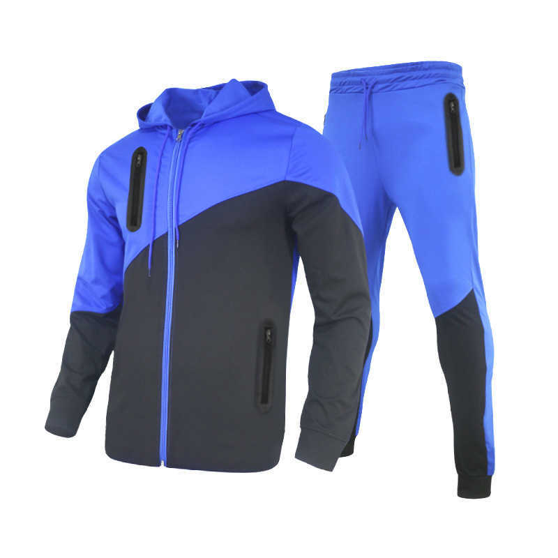 

Men's Tracksuits European And American Autumn Winter New Sports Suit Hooded Stitching Casual Sweater Couple Cardigan G221011, Blue-black