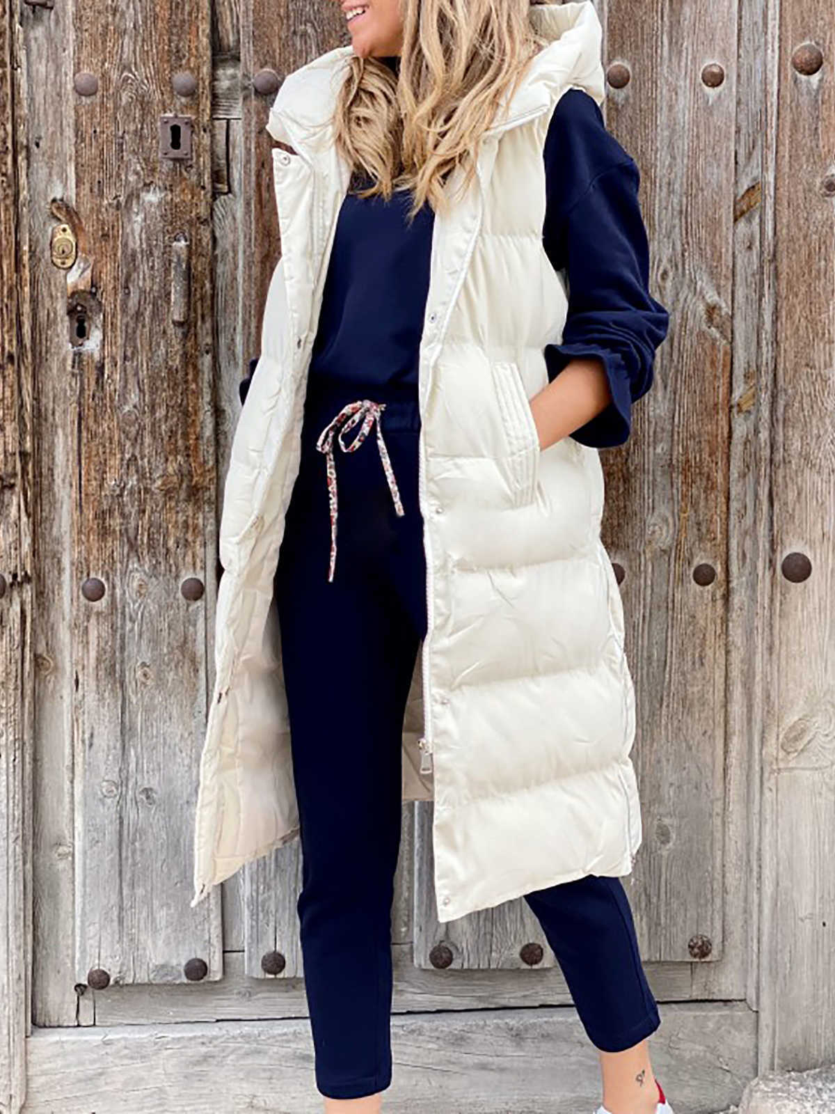 Women's Down Parkas Zip Up Puffer Jacket Women Sleeveless Vest Long Coat Female Outerwear Autumn Cotton Padded Parka Quilted Waistcoat Hoode