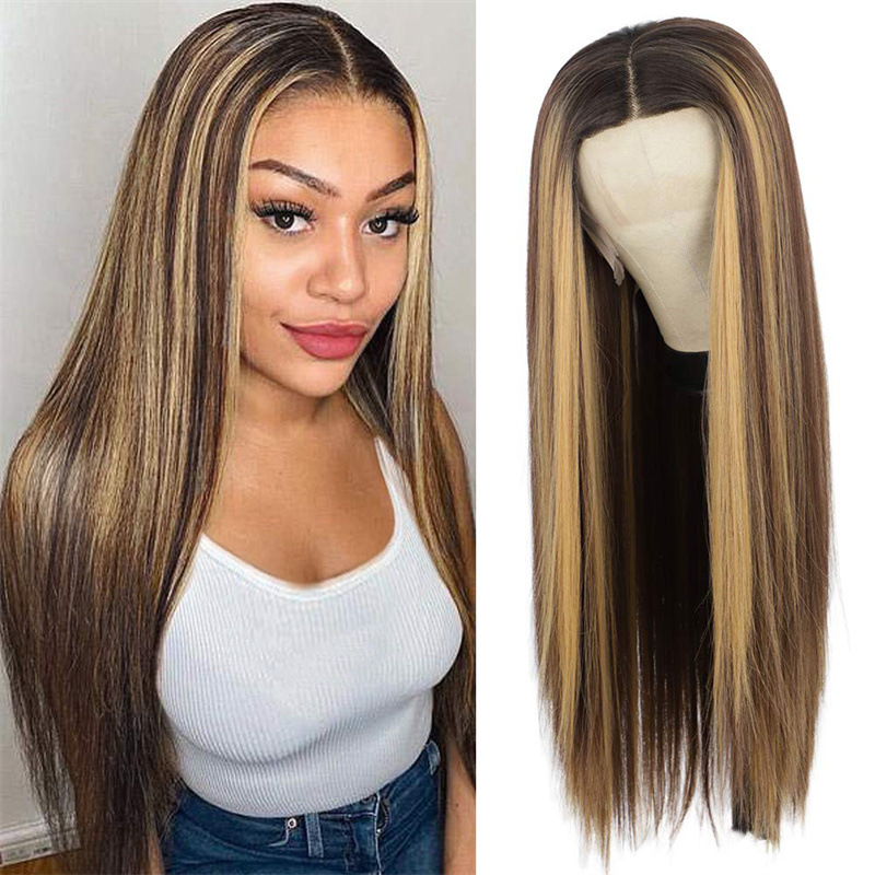 

Synthetic Wigs high temperature Women's Straight Light brown highlights Long piano hair, Customize