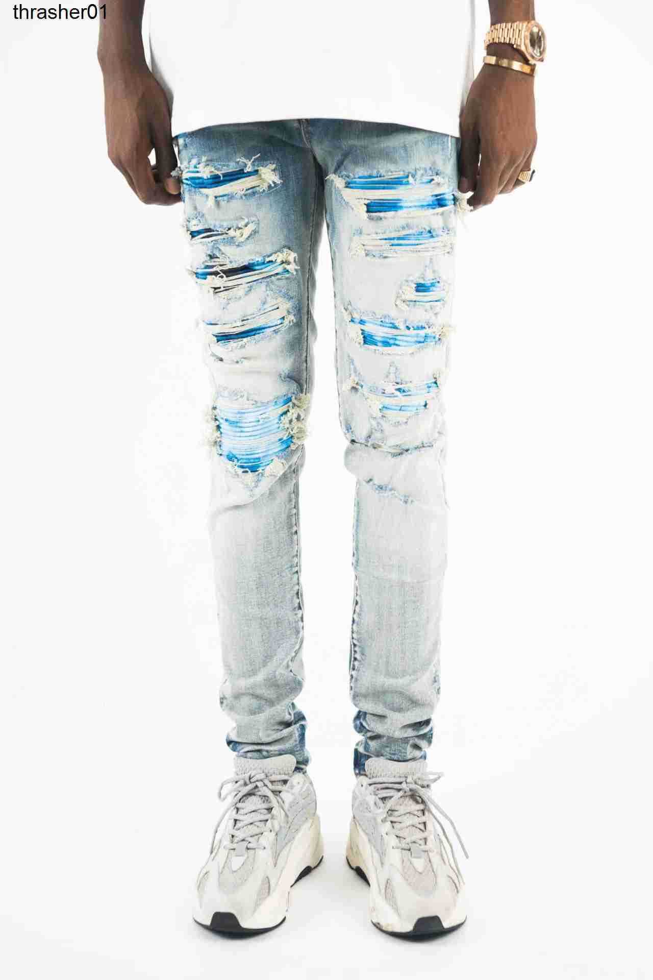 

new mens jeans designer amirs hole breaking trend leisure patchwork fashion brand Streetwear jeans, Aqua blue