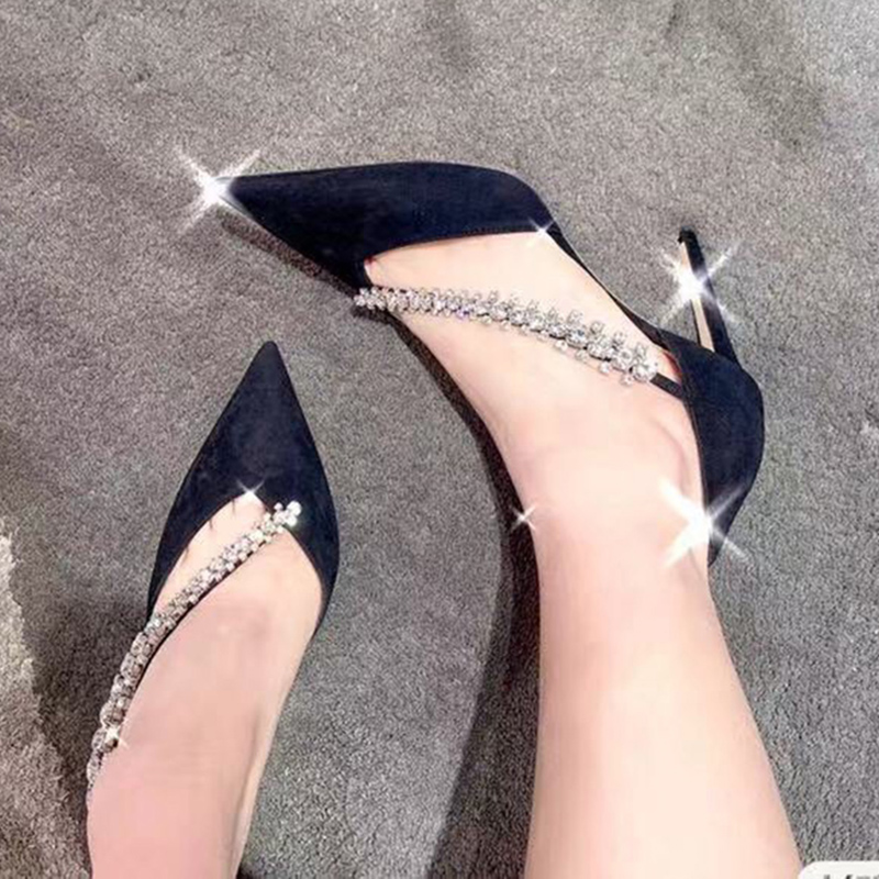 

Rhinestone dress Shoes Luxurys Designers Crystal chain stiletto heel sandals 8.5cm high heeled Party Wedding pointed toeswomens Shoe factory footwear 35-42, Black