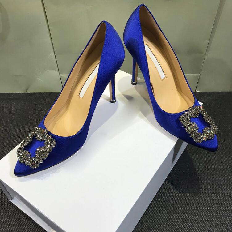 

Designer High Heel Shoes Women Pumps Silk Metal Square Buckle Rhinestone Fashion Lady Wedding Shoe Thin Heels 6cm 8cm 10cm Size 35-42, Red