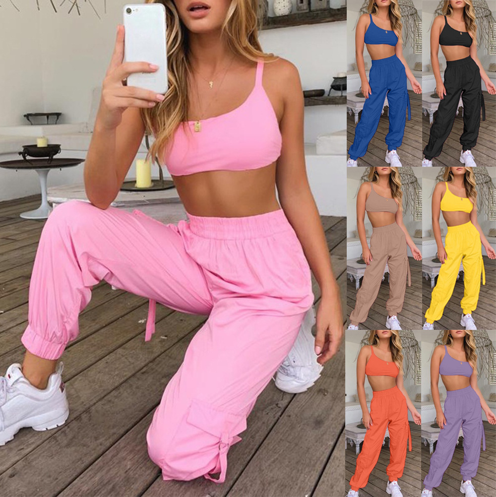 

Summer Candy Pink Two Piece Pants Women Matching Set Crop Top and Joggers Female Sets Outfit