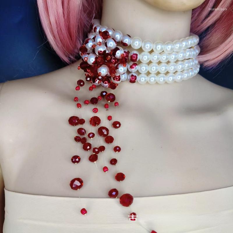 

Pendant Necklaces Fashion Creative Halloween Niche Design Dripping Blood Crystal Pearl Necklace Exaggerated Sexy Girl Club PROM Accessories