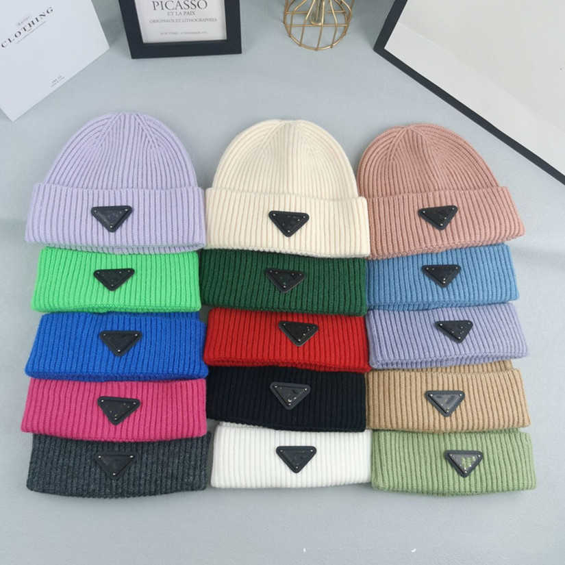 15 colors triangle logo hats classic designer autumn winter youth beanie hats men women teenager warm knitted hat cap wool outdoor fleece skull c