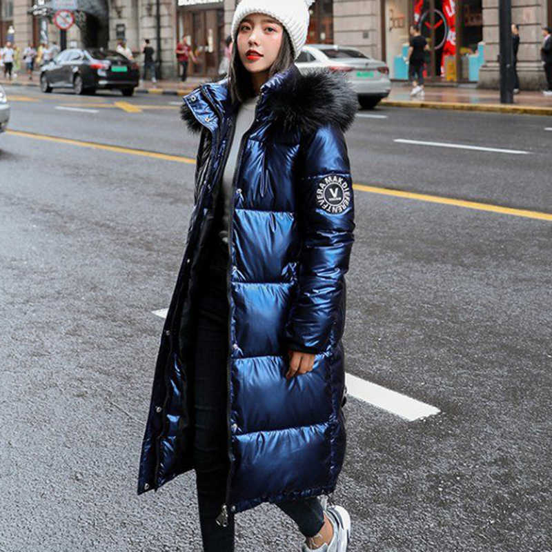 Women's Down Parkas New Winter Warm Outerwear Large Size Female Shiny Padded Jacket Hooded Fur Collar Parka Overcoat Womens Long Down Cotton