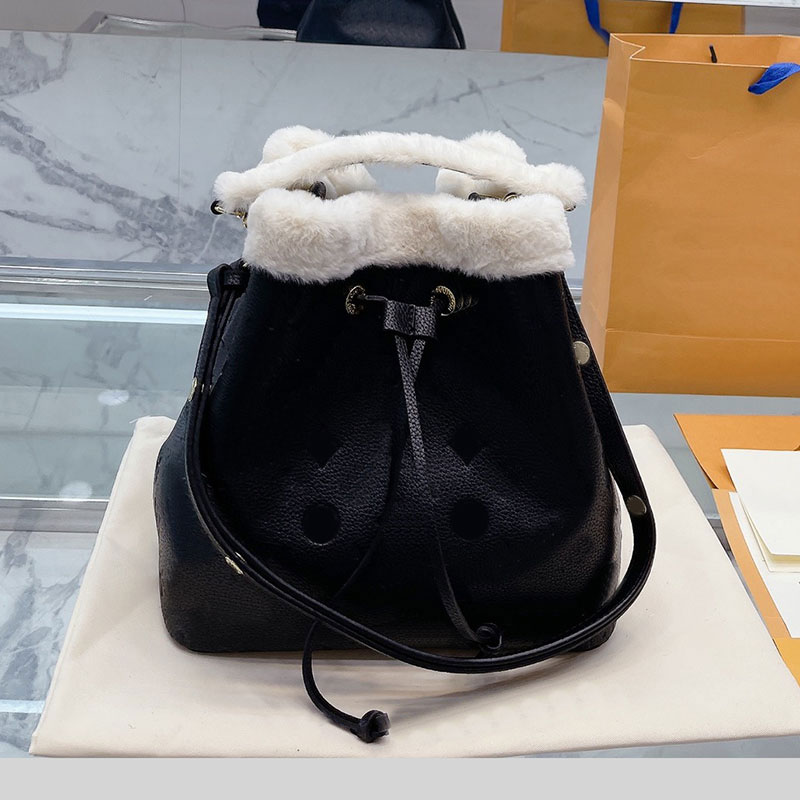 

Bucket Lambs wool bag Women Cross Body Underarm Lady bags Shoulder Hobo Handbags Genuine leather Handbag purse Super soft Fashion letters Adjustable straps, Black