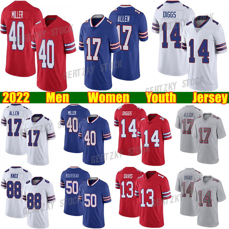 

17 Josh Allen 14 Stefon Diggs Football Jersey Von Miller Dawson Knox Gabriel Davis Kaiir Elam Tre'Davious White Micah Hyde Tyler Bass Zack Moss Ed Oliver jerseys, White men