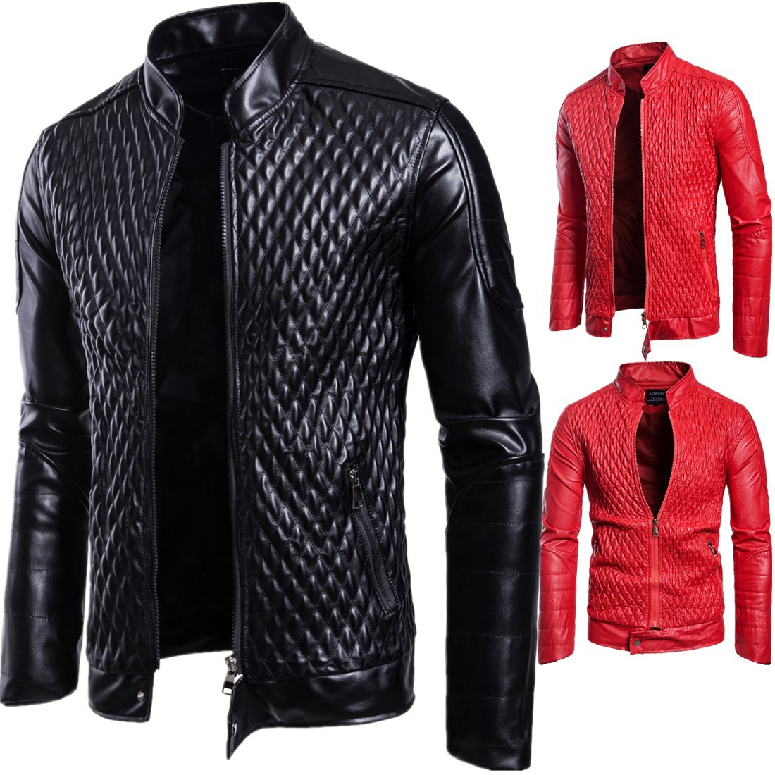 

Motorcycle style men leather jacket spring and autumn zipper placket fashion stand-up collar solid color pu leather jackets, 02