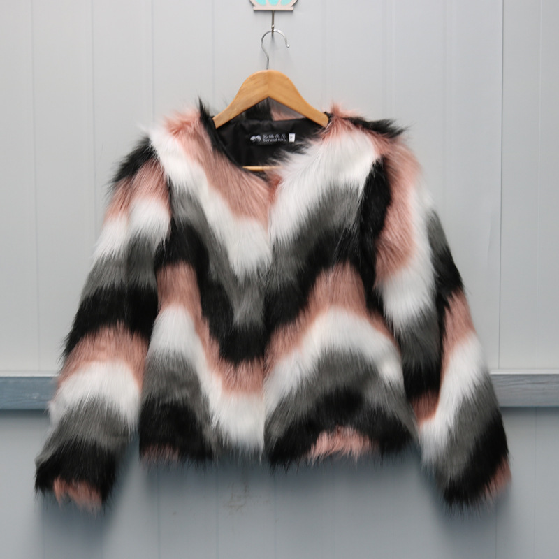 

Faux Leather Tops Womens Winter Autumn Short Section Mixed Color Fake Fur Jackets Large Size Casual Female Imitation, Pic color