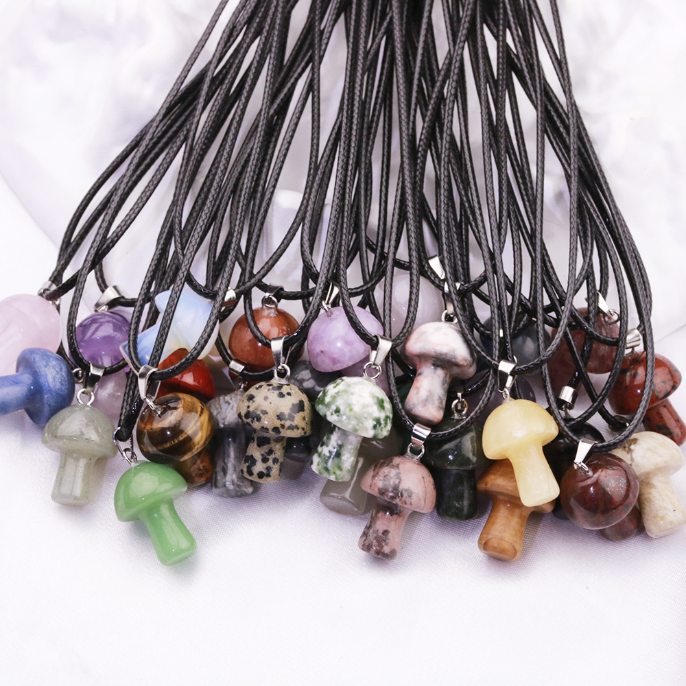 

Wholesale Carved Mushroom Natural Gem Stone Pendant Quartz Crystal Amethyst Tiger Eye Hand Charms DIY Jewelry Making Necklace