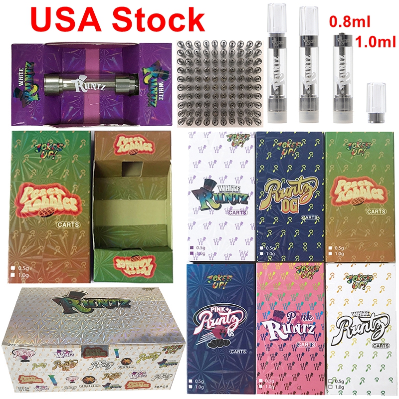 

USA Stock Runtz Runty Atomizers Vape Pen Cartridges Packaging 0.8ml 1ml Ceramic Empty Carts 510 Thread Glass Thick Oil Wax Vaporizer 9 Strians