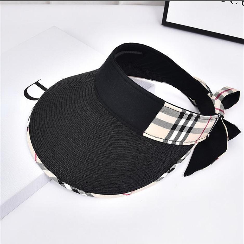 

Women's Visors Big Brim Designer Hats with Plaid Ribbon Adjustable Hood strap Fashion Caps Y014B15014189n, Beige