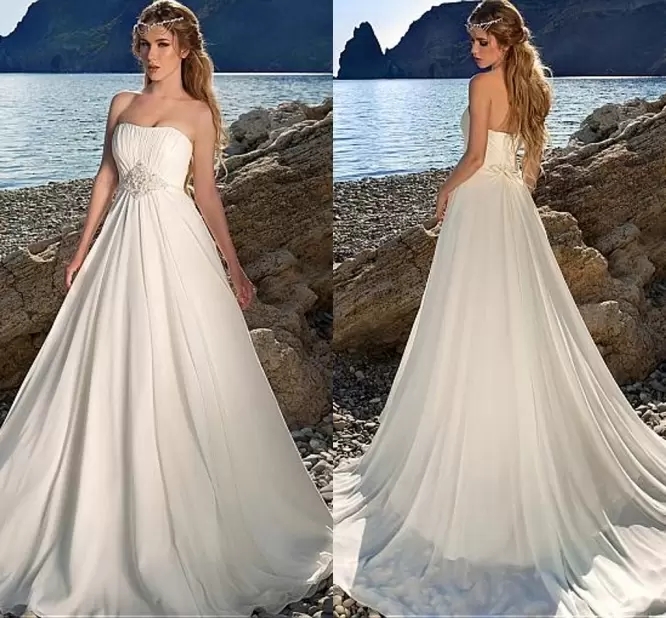 Charmante mousseline de soie robes de mariée sans bretelles A-ligne étage longueur froncé corsage robes de mariée avec baguettes plage robe de ma