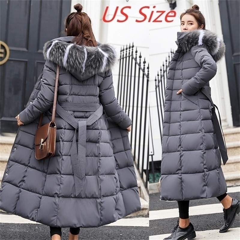 Womens Down Parkas winter jacket womens warm fashion bow belt fur collar coat long dress thick coat 221010