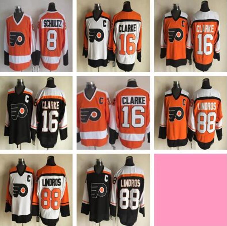 

College Wear Vintage Philadelphia Flyers 8 Dave Schultz Retro Ice HOckey Jerseys 16 Clarke 88 Eric Lindros Black White Orange, #16 clarke white
