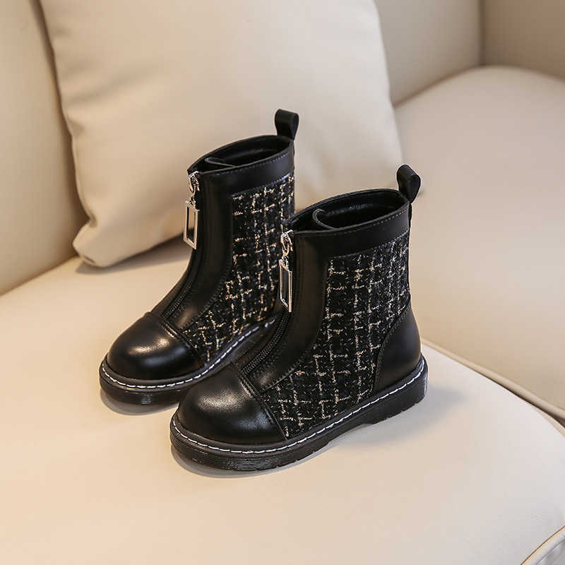 Boots Girls' 2022 new autumn and winter Front zipper design British style genuine leather children's check short boots L221011