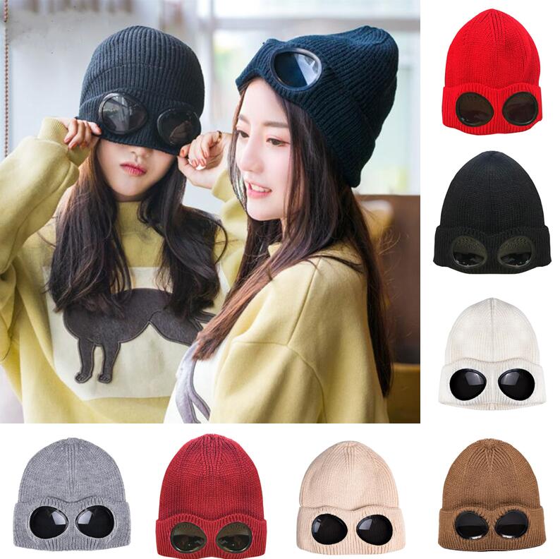

Two Lens Glasses Goggles Beanies Hat Men Women Knitted Hats Skull Caps Outdoor Autumn Winter Beanie Black Grey Bonnet Gorros Windproof Cashmere Ski Hat, As picture