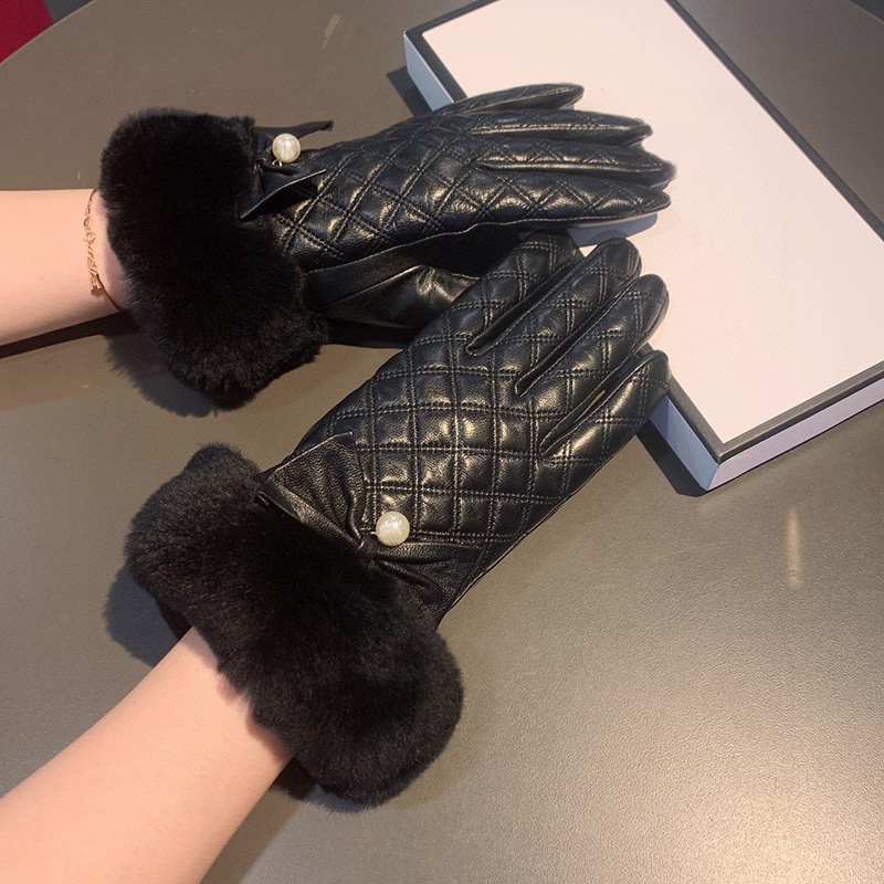 

Winter Gloves Sheepskin Glove Laether Designer Mitten Womens Cashmere Mittens Cuff Rabbit Hair Plush Inside Outdoor Sport Warm Glovess