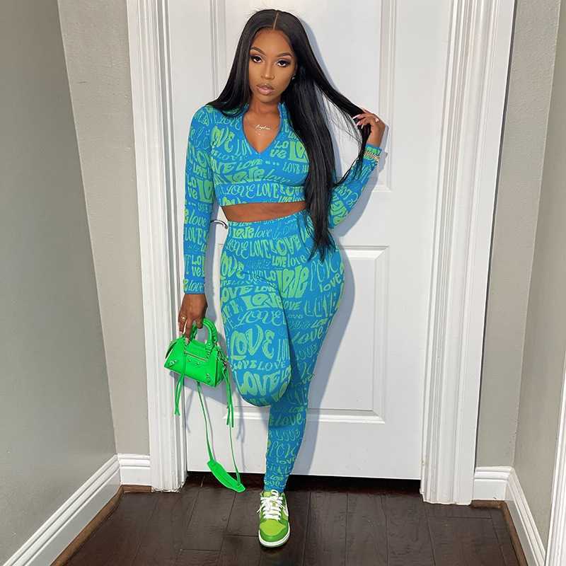 

Women' Tracksuits Designer Womens Printed Zipper Tracksuits Long Sleeve Open Navel Top Tight High Waist Leggings Two Piece Set Sportswear Casual Outfits, Green12