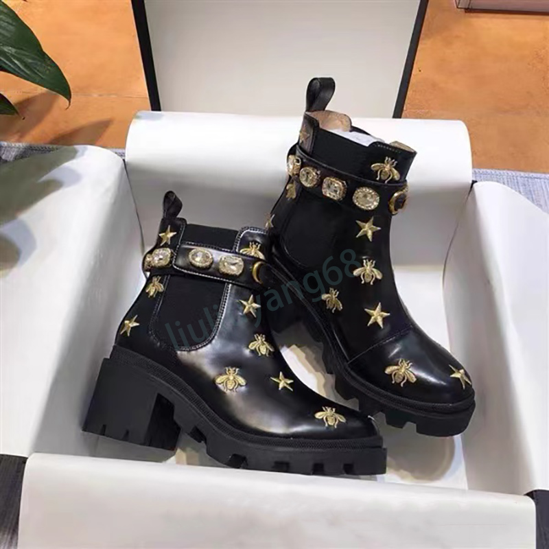 

2022 Fashion Designer Boots Nude Boots Martens Boot Winter Rhinecones Velcro Ankle Booties Lady Bee Embroidered Chunky Leather Platform Autumn, Box