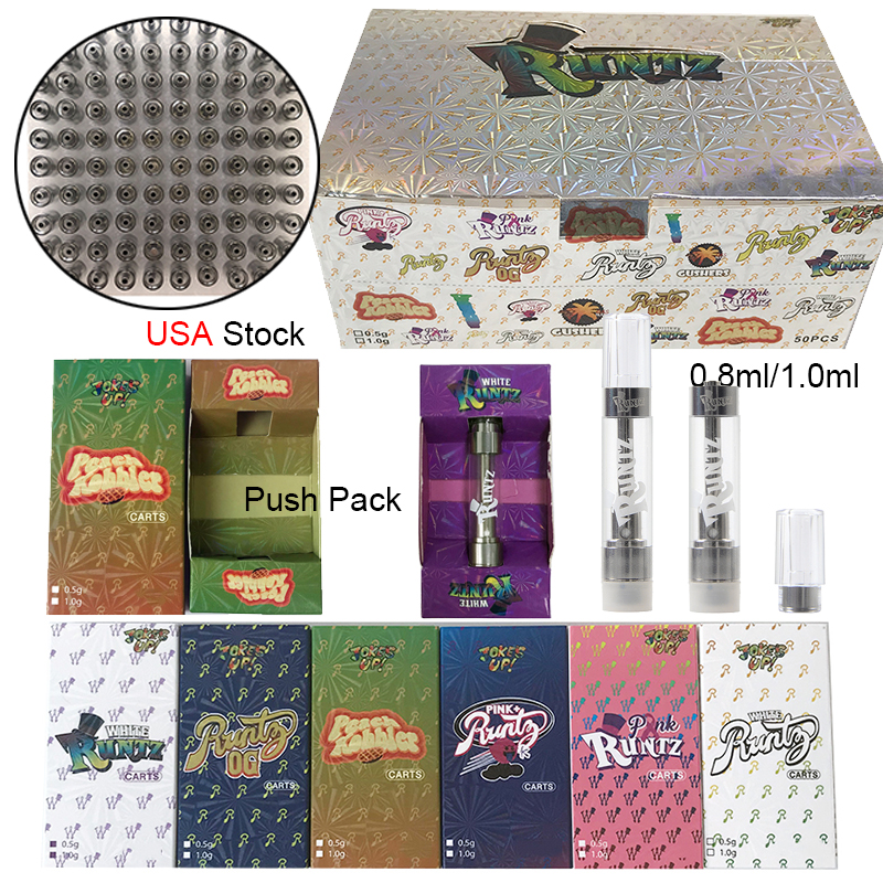 

USA Warehouse Press Runtz Vape Cartridges Atomizer E Cig 0.8ml 1.0ml Ceramic Empty Carts Glass Tank 510 Thread Vape Cart Packaging Thick Oil Dab Wax Vaporizer