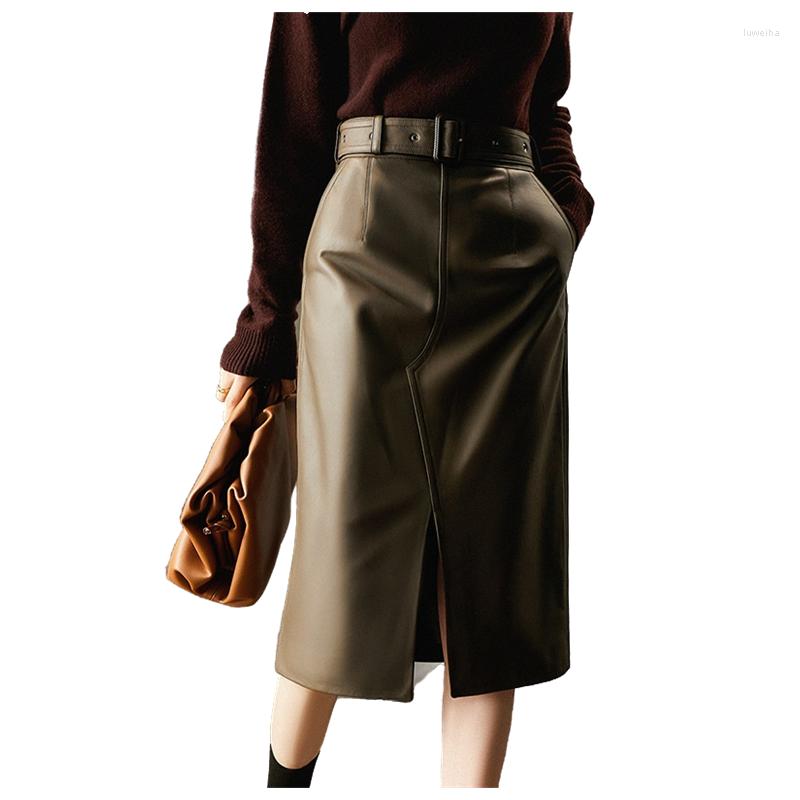 

Skirts Women' Leather Skirt OL Autumn Winter Chic Sheepskin Midskirt Female Elegant Olive Green Split Before Splicing, Pq210318 olive-green