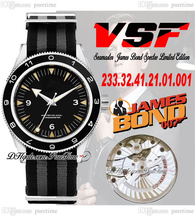 

VSF Drive 300M Spectre A8400 Automatic Mens Watch V2 James Bond Limited Edition Ceramic Bezel Black Dial Gray Nylon Nato Strap 233.32.41.21.01.001 Super Puretime B2, Customized waterproof service