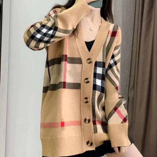 

womens sweater Cardigan Designer Woman Classic plaid cardigan V-neck thickened loose knit sweaters men women striped coat top, Khaki