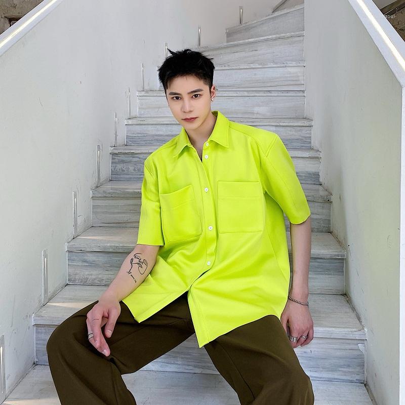 

Men's Casual Shirts Oversize Shirt Coat Men Lemon Yellow Short Sleeve Loose Male Harajuku Korean Streetwear Vintage Cardigan, 3965 neon yellow