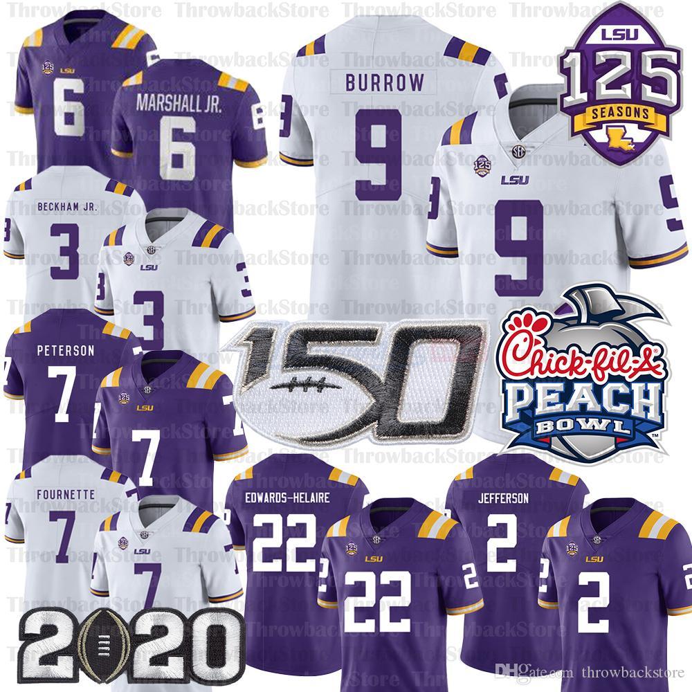 

College wear NCAA Ja'Marr Chase Joe Burrow Justin Jefferson Clyde Edwards Helaire Derrius Guice Beckham Jr. LSU Tigers Custom Jerseys, Men/white/150th patch