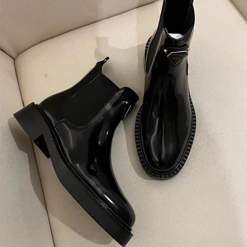 

Chelsea Fashion and designer ankle boots Motor vehicle ladies black leather thick bottom autumn ad winter quality casual work thick midfume, As pic