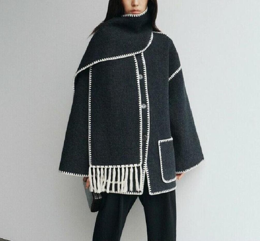 

22FW Toteme Single-breasted Tassel Scarf Wool Coat Jackets Camel black