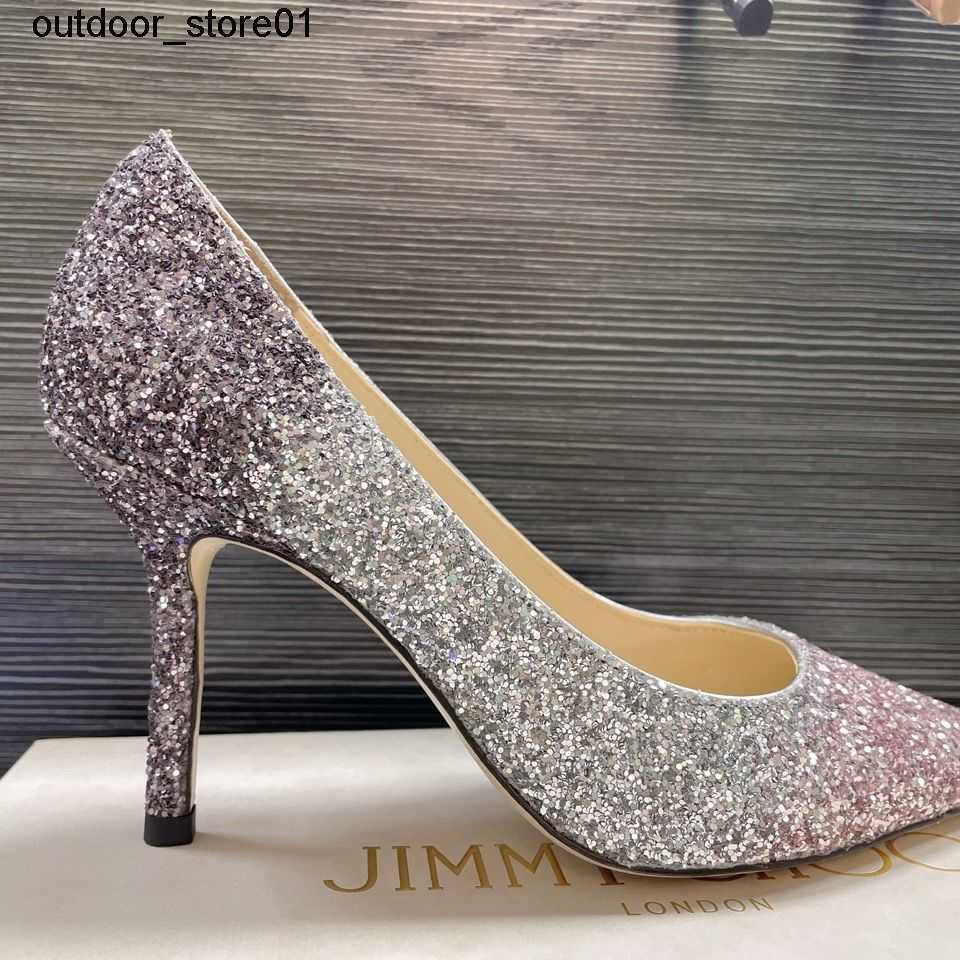 Sneakers de créateurs London Fashion Brand Dress Chaussures Jimmys Pointed Sequin Gradient High Heels Nouveau mariage Sneaker de demoiselle d'hon