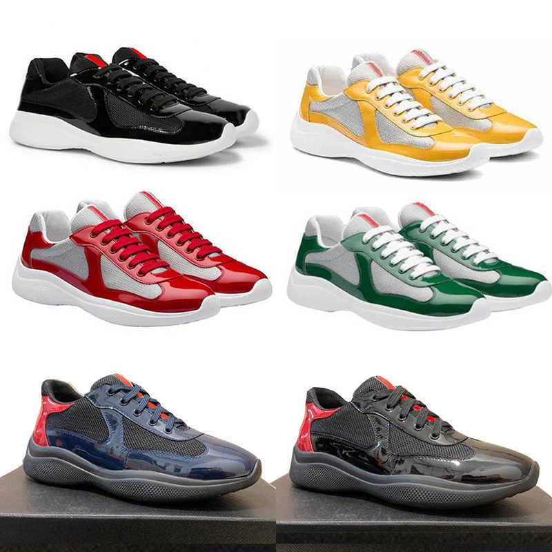 

Men America Cup Designer Sneakers Patent Leather And Nylon Flat Trainers Black Blue Mesh Lace-up Casual Shoes Outdoor Runner Shoes With Box NO53, Beige