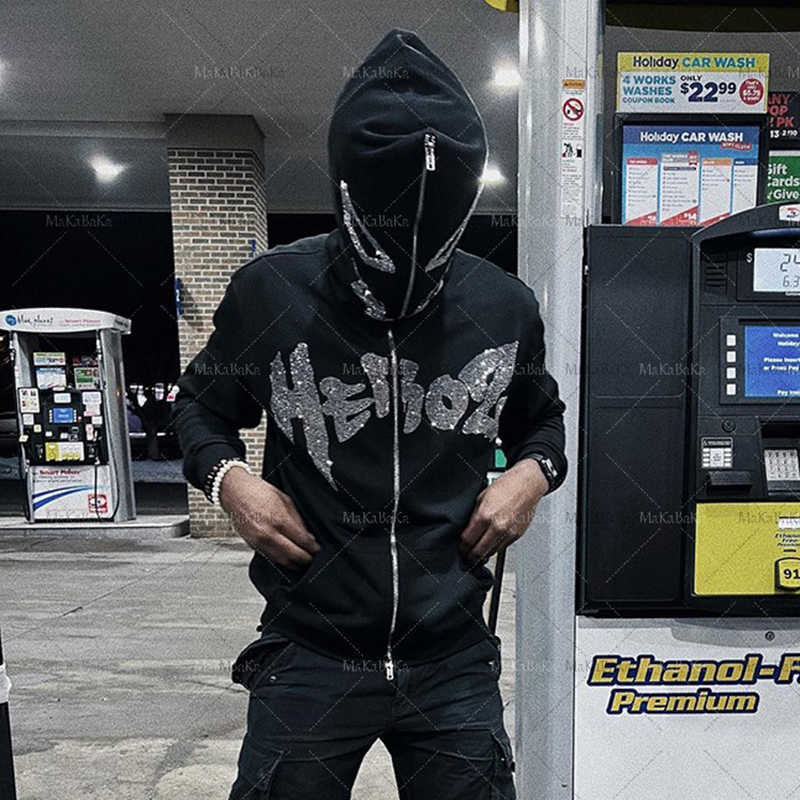 

Hoodie Y2K Demon Rhinestone graphics zip Hooded Sweatshirt Men's hoodies Harajuku Goth Oversized hoodie Grunge clothes emo Y2210, Black
