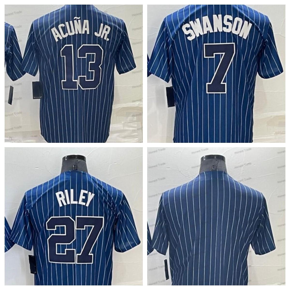 

College wear Mens Baseball Jersey 7 Dansby Swans Austin Riley 13 Ronald Acuna Jr. Blue Men Stitched Jerseys, Men coolbase jersey;blank