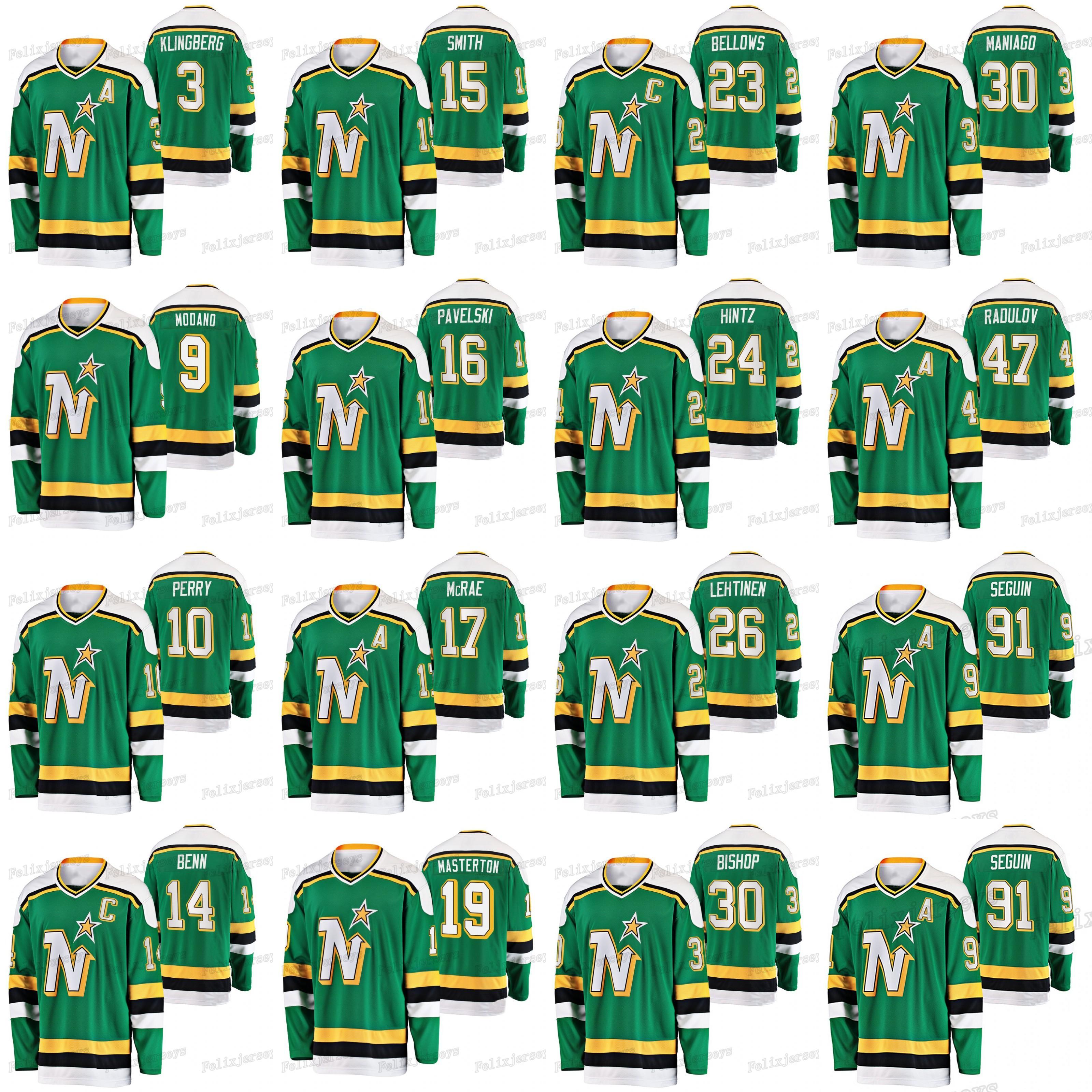 

College wear 91 Tyler Seguin Minnesota North Stars 4 Miro Heiskanen John Klingberg Ben Bishop Joe Pavelski Jamie Benn Corey Perry Roope Hint, 17 basil mcrae