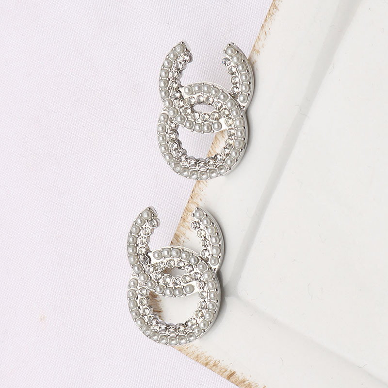 

Simple 18K Gold Plated 925 Silver Luxury Brand Designers Letters Stud Geometric Famous Women Round Crystal Rhinestone Pearl Earring Wedding Party Jewerlry MM1991