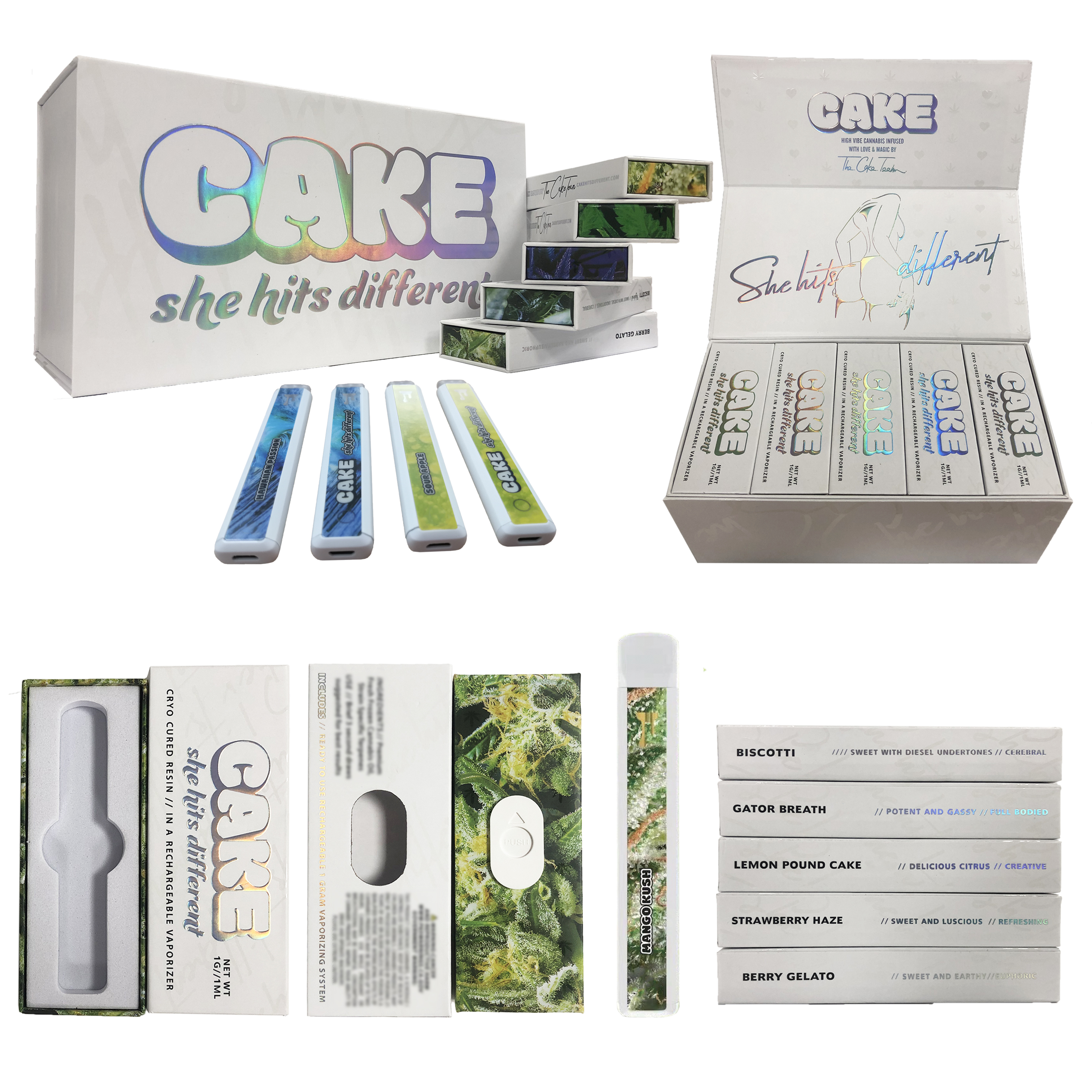 

Cake Rechargeable Disposable E Cigarettes Vape Pen Vapes Bar Cartridges 1ml Empty Pods 350mAh Battery with Child-proof Packaging