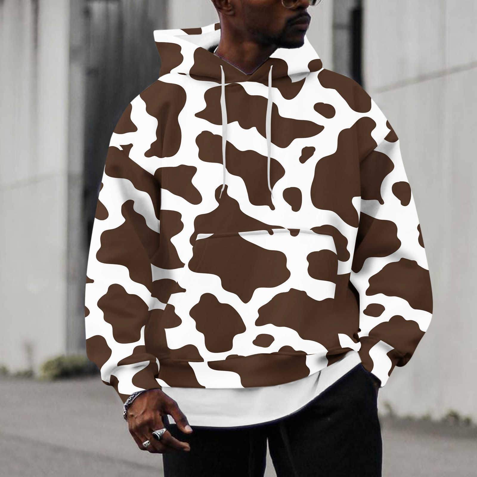 

Men' Hoodies Sweatshirts Hooded Zip Sweatshirt Men Male Casual Cow Print Dstring Long Sleeve Poet Blouse Little House Big G221011, Brown