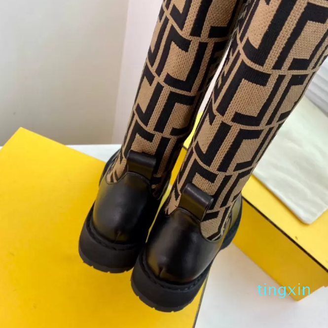 

Stretch boots Fabric Black Leather Over-Knee- For Women Luxury Zucca Knitte, Brown